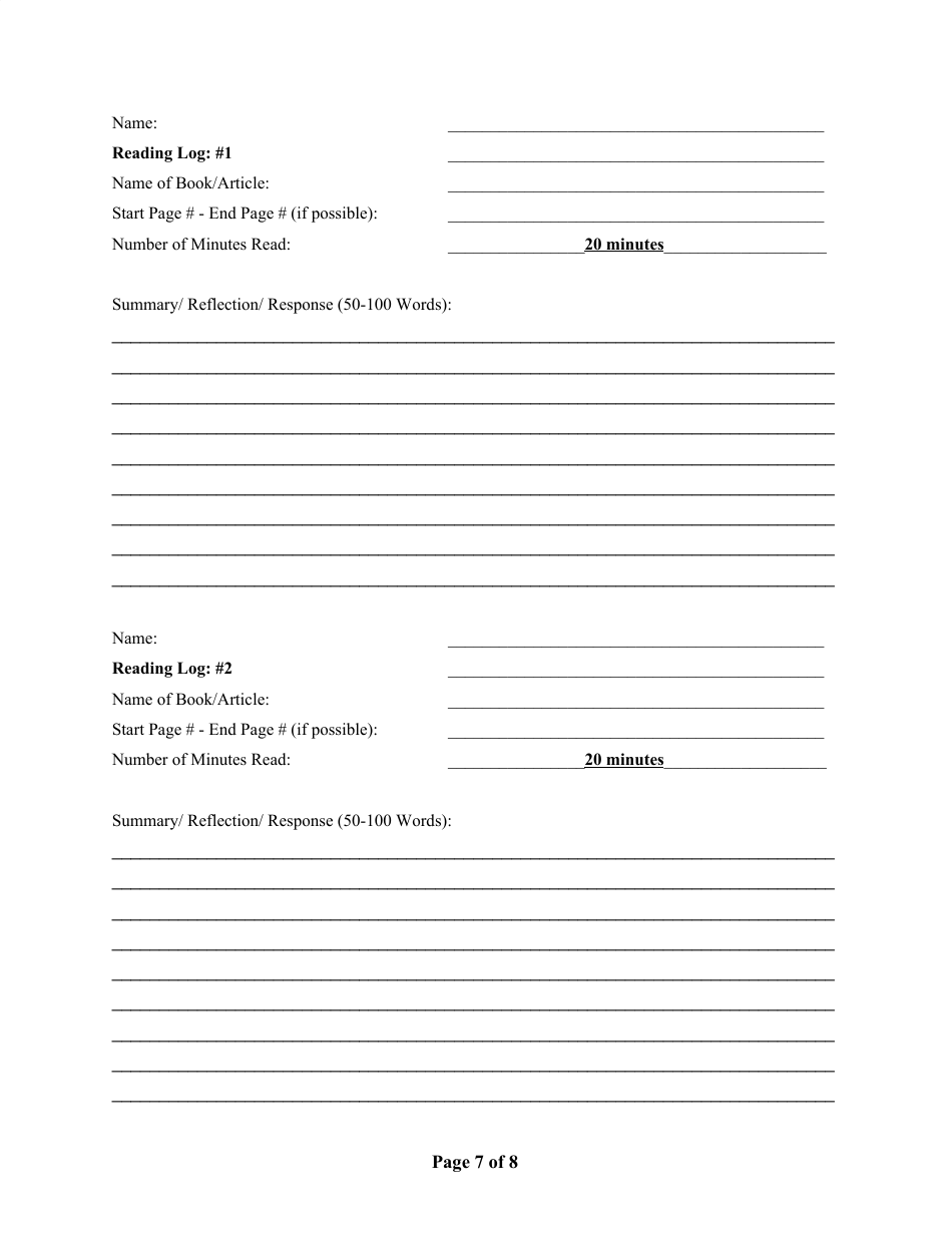 English 1 Distance Learning Reading Log Packet, Page 7