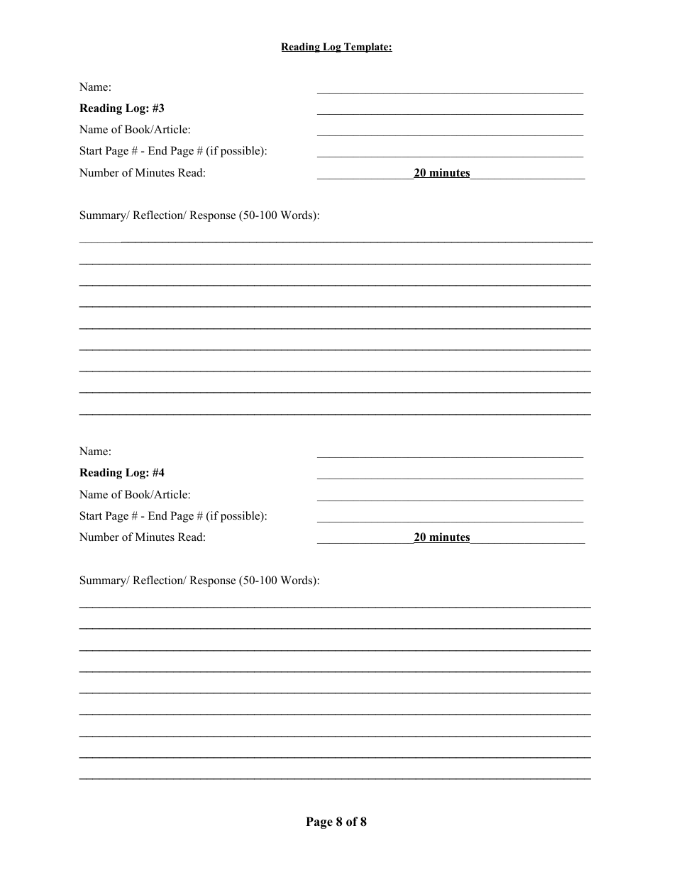 English 1 Distance Learning Reading Log Packet, Page 8