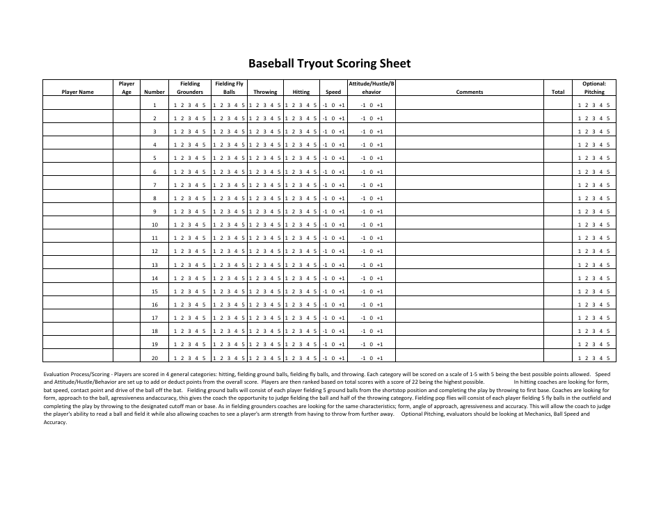 Baseball Tryout Scoring Sheet Template Download Printable PDF