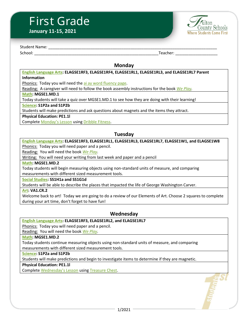 First Grade Week Curriculum Template - Free Word Document Sample