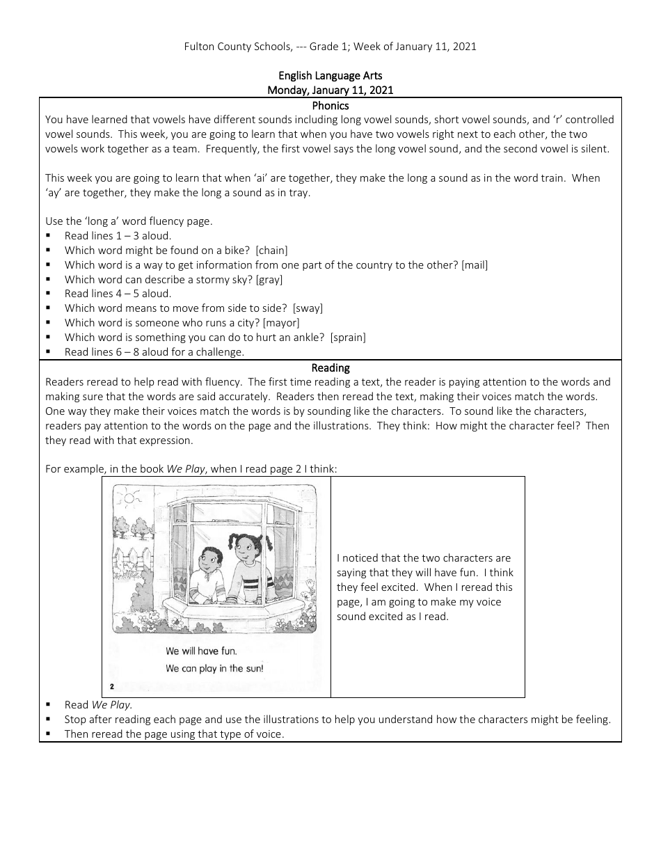 First Grade Week Curriculum, Page 4