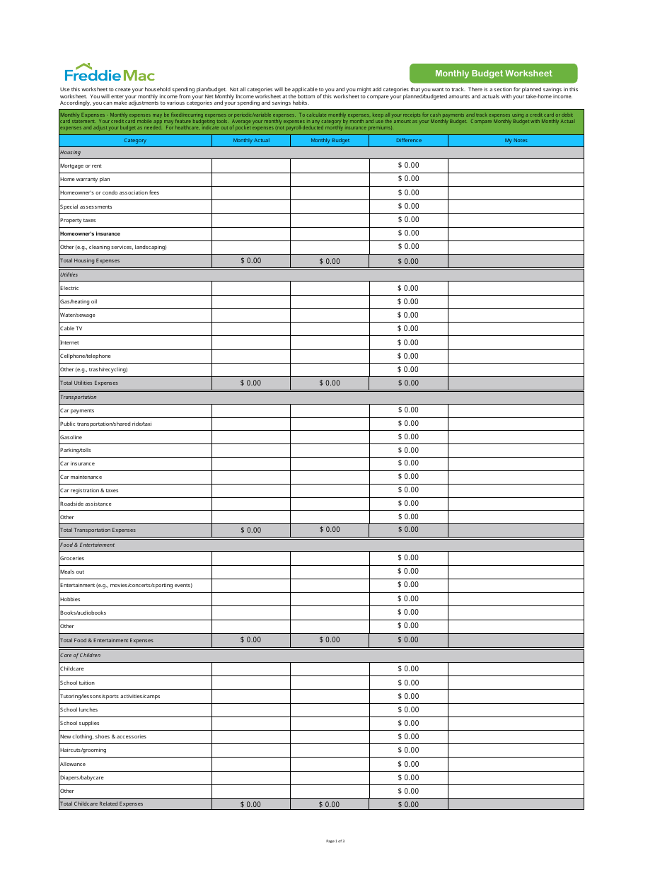 Monthly Budget Worksheet, Page 1