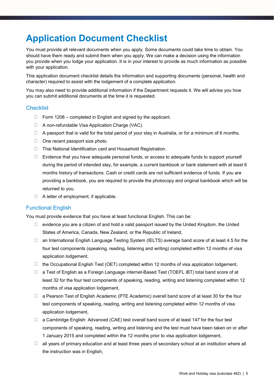 Work and Holiday Visa (Subclass 462) Application Checklist (Thailand) - Australia, Page 5