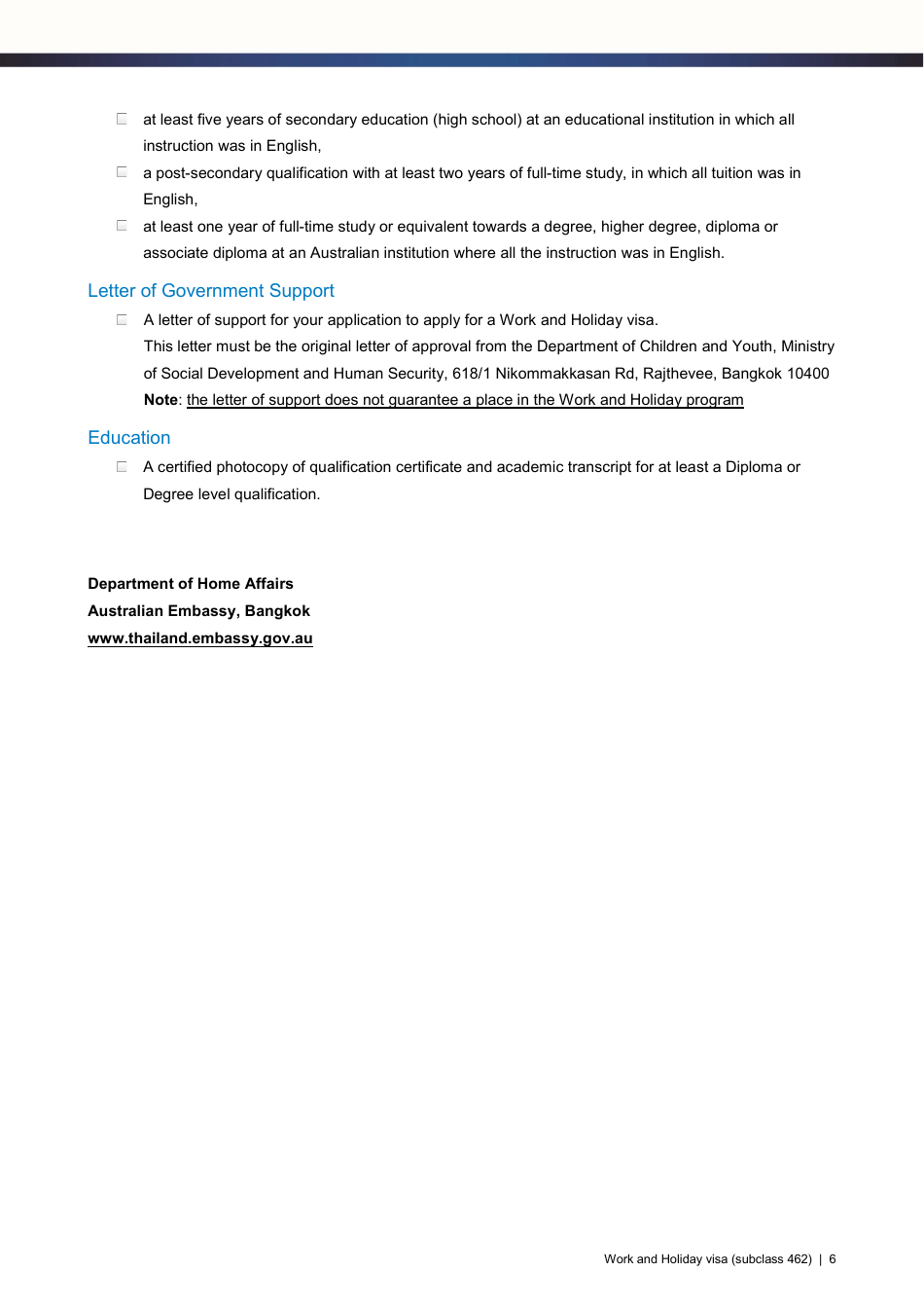Work and Holiday Visa (Subclass 462) Application Checklist (Thailand) - Australia, Page 6