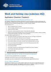 Document preview: Work and Holiday Visa (Subclass 462) Application Checklist (Thailand) - Australia