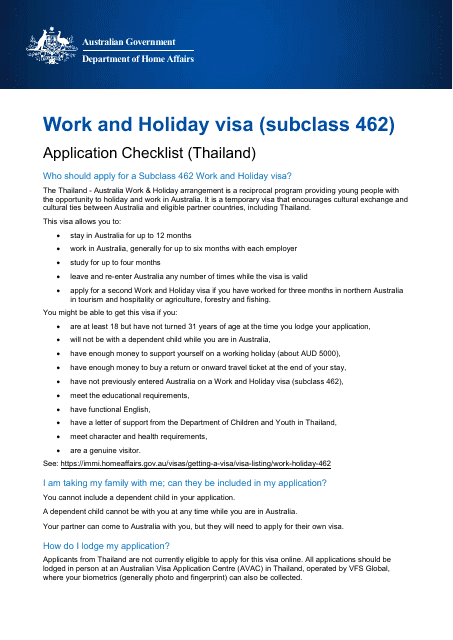 Work and Holiday Visa (Subclass 462) Application Checklist (Thailand) - Australia Download Pdf