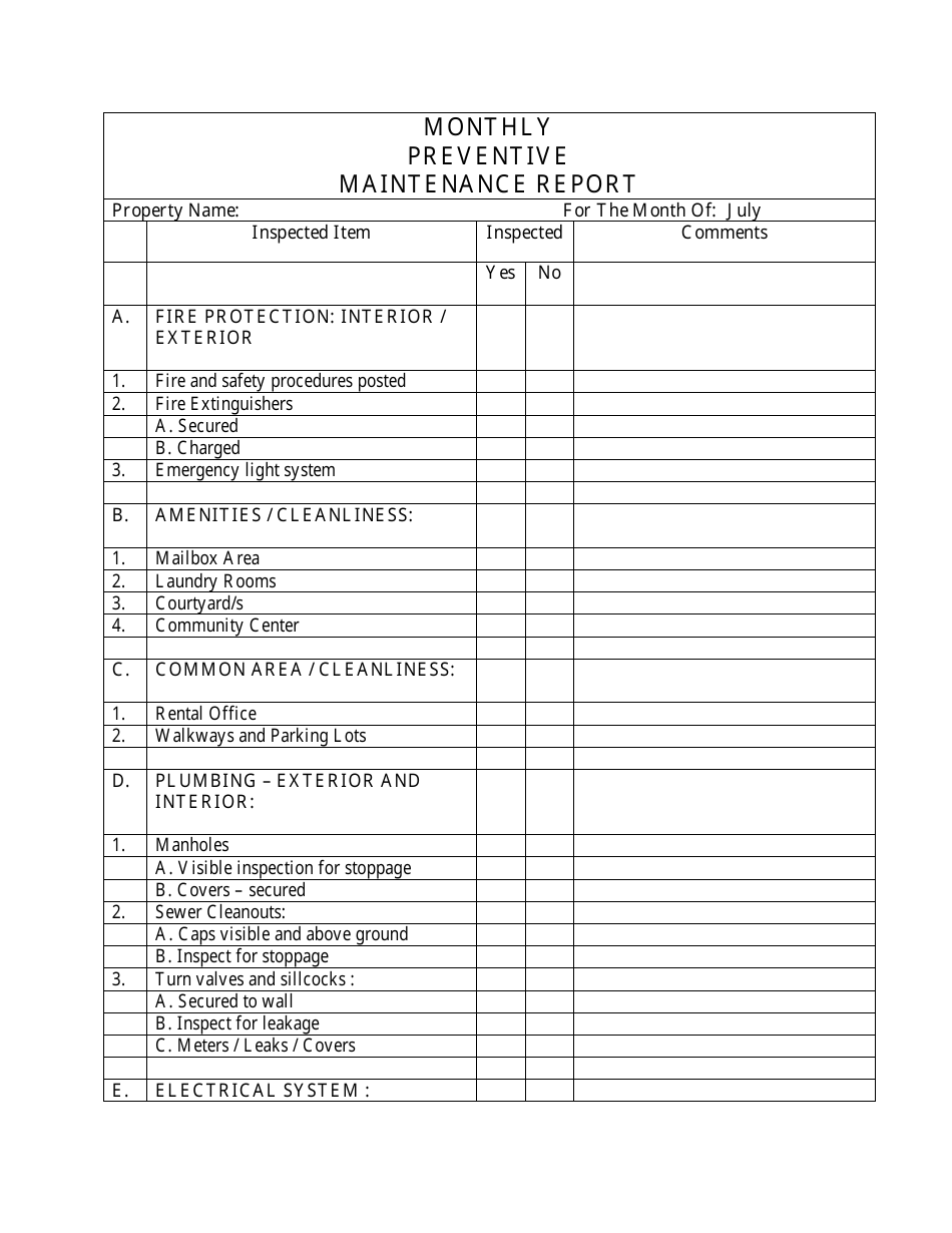 Monthly Preventive Maintenance Report Template, Page 1