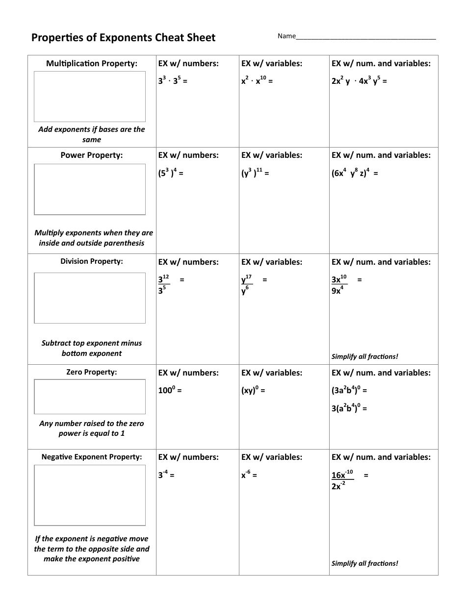 Properties of Exponents Worksheet