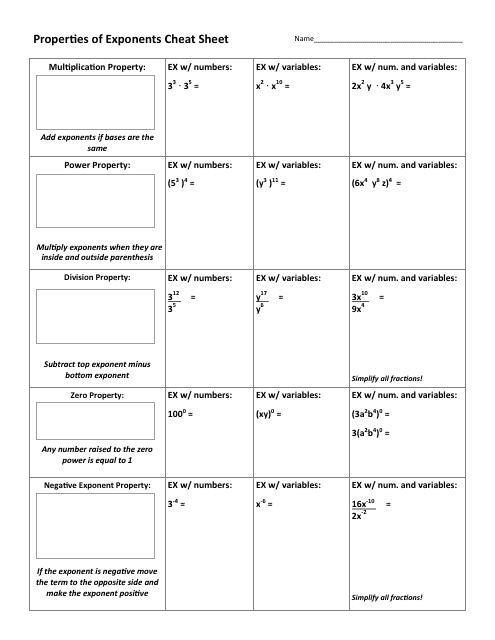 Properties of Exponents Worksheet With Answer Key Download Printable