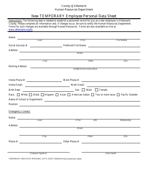 New Temporary Employee Personal Data Sheet - County of Albemarle, Virginia Download Pdf