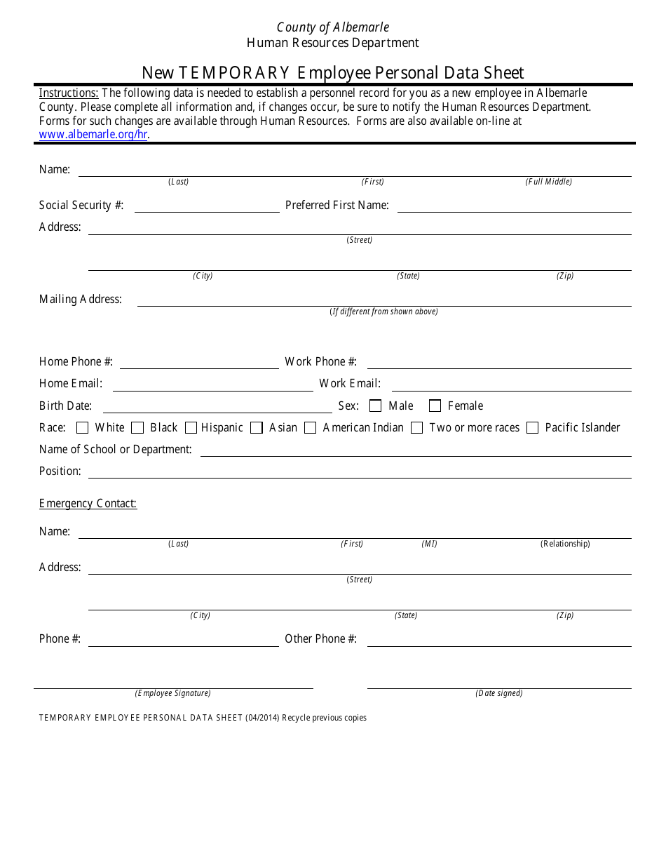 New Temporary Employee Personal Data Sheet - County of Albemarle, Virginia, Page 1