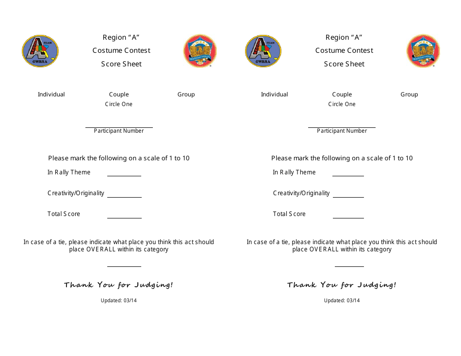 Contest Judging Form Costume Contest Score Sheet Template