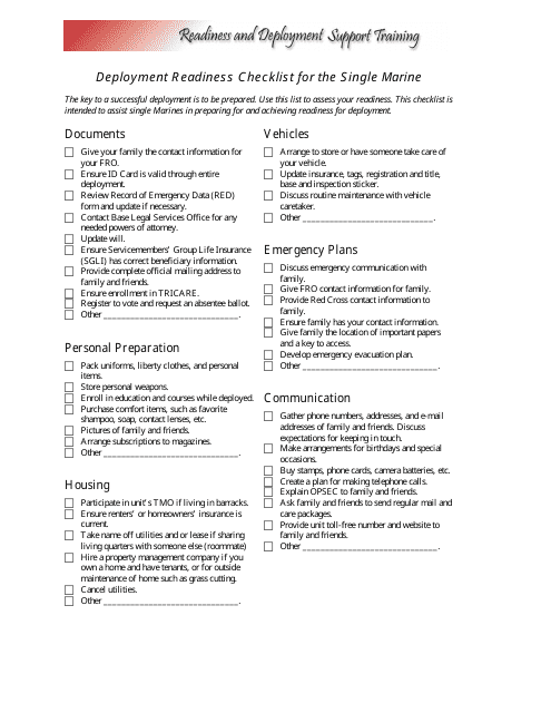 Deployment Readiness Checklist for the Single Marine