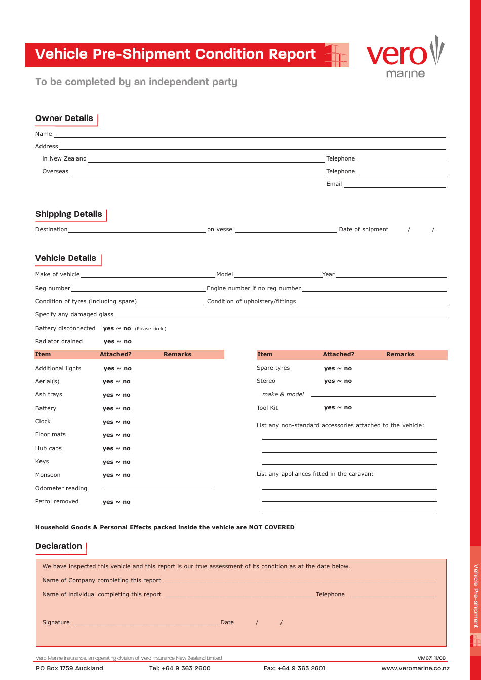 Vehicle Pre-shipment Condition Report Template - Veromarine, Page 1