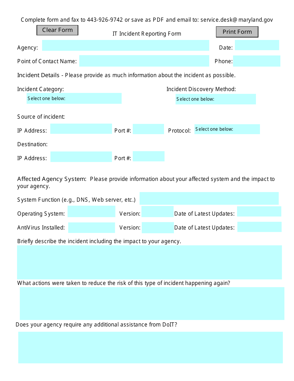 It Incident Reporting Form - Maryland, Page 1