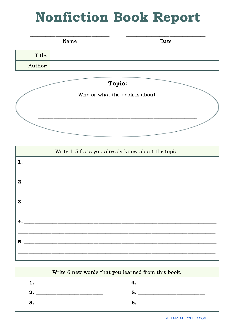 Nonfiction Book Report Template, Page 1