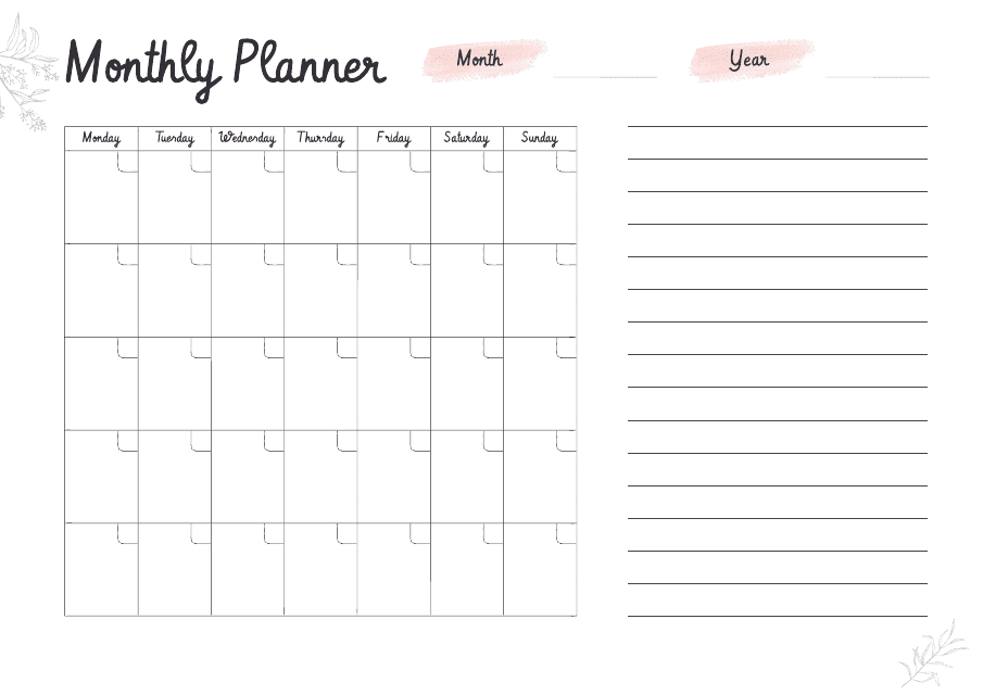 Monthly Planner Template with Flower Design