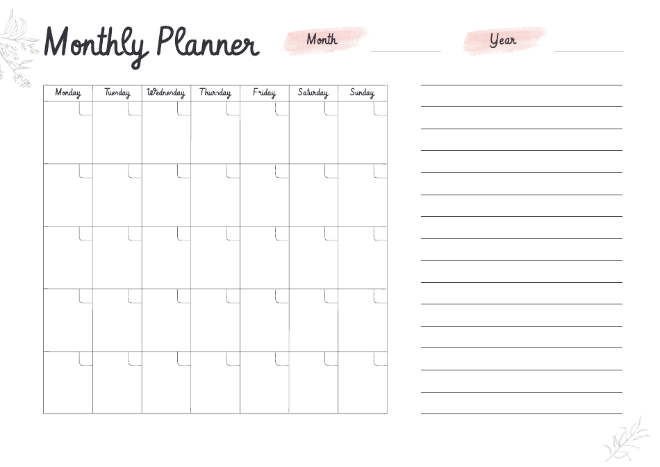 Monthly Planner Template - Flower Download Printable PDF | Templateroller