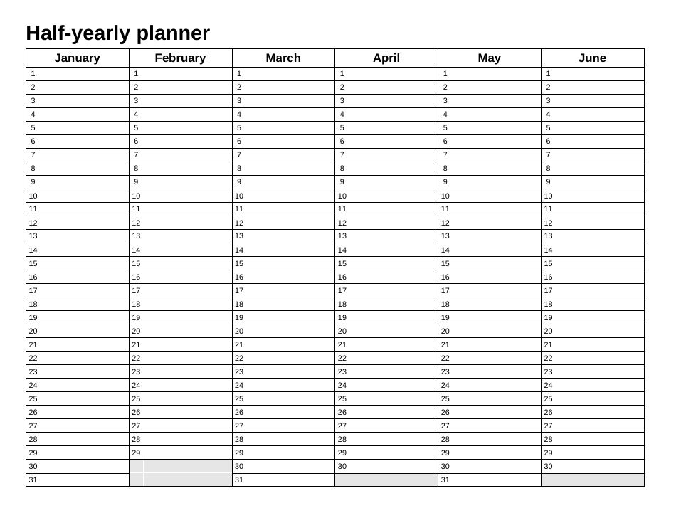 Yearly Planner Template - Half-Year