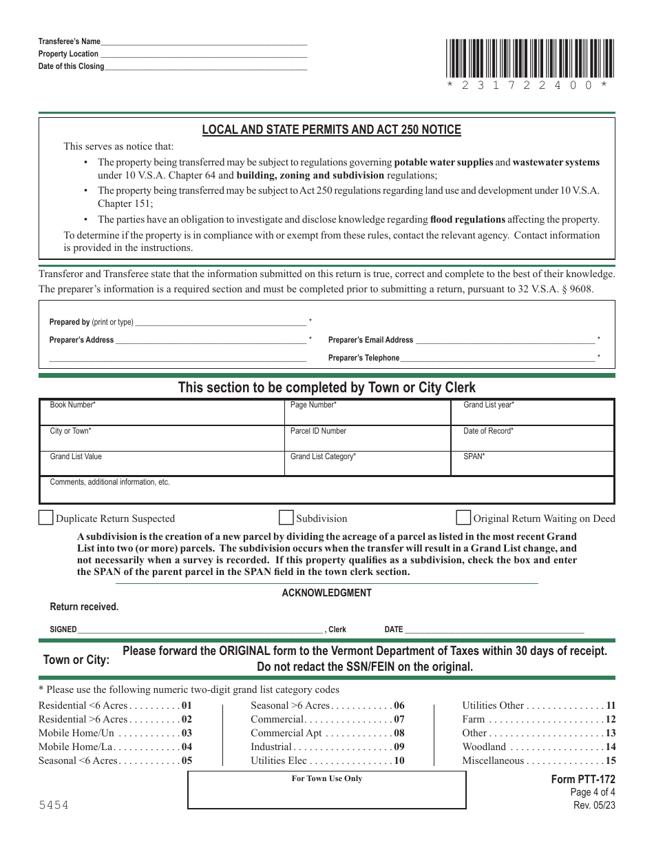 VT Form PTT172 Download Printable PDF or Fill Online Vermont Property