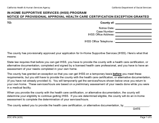 Form SOC876 In-home Supportive Services (Ihss) Program Notice of Provisional Approval Health Care Certification Exception Granted - California