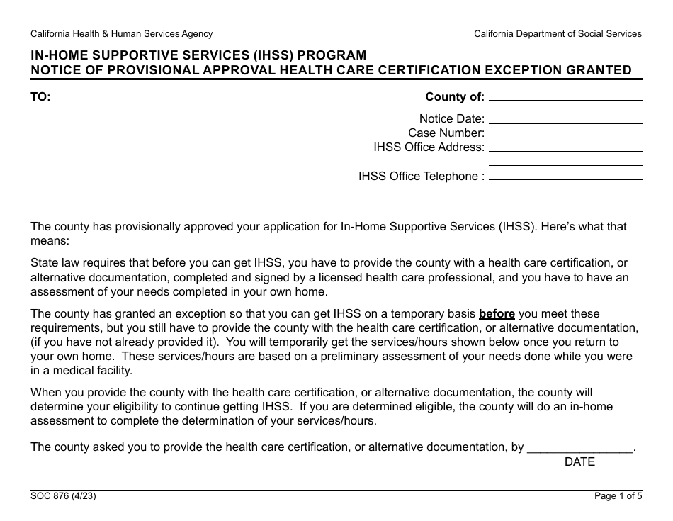Form SOC876 In-home Supportive Services (Ihss) Program Notice of Provisional Approval Health Care Certification Exception Granted - California, Page 1