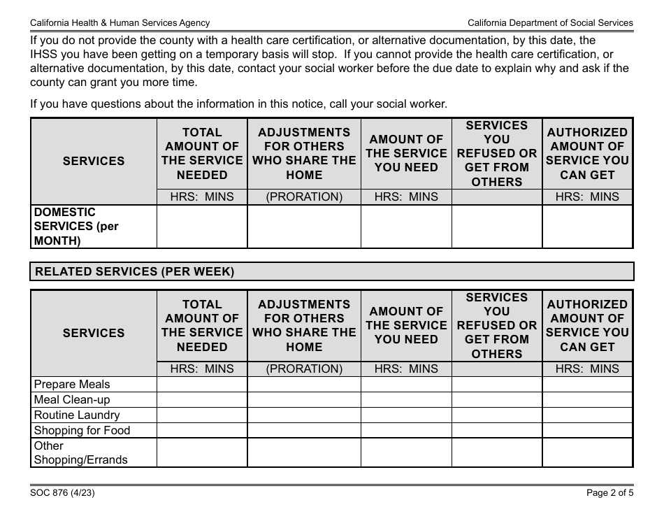 Form SOC876 In-home Supportive Services (Ihss) Program Notice of Provisional Approval Health Care Certification Exception Granted - California, Page 2