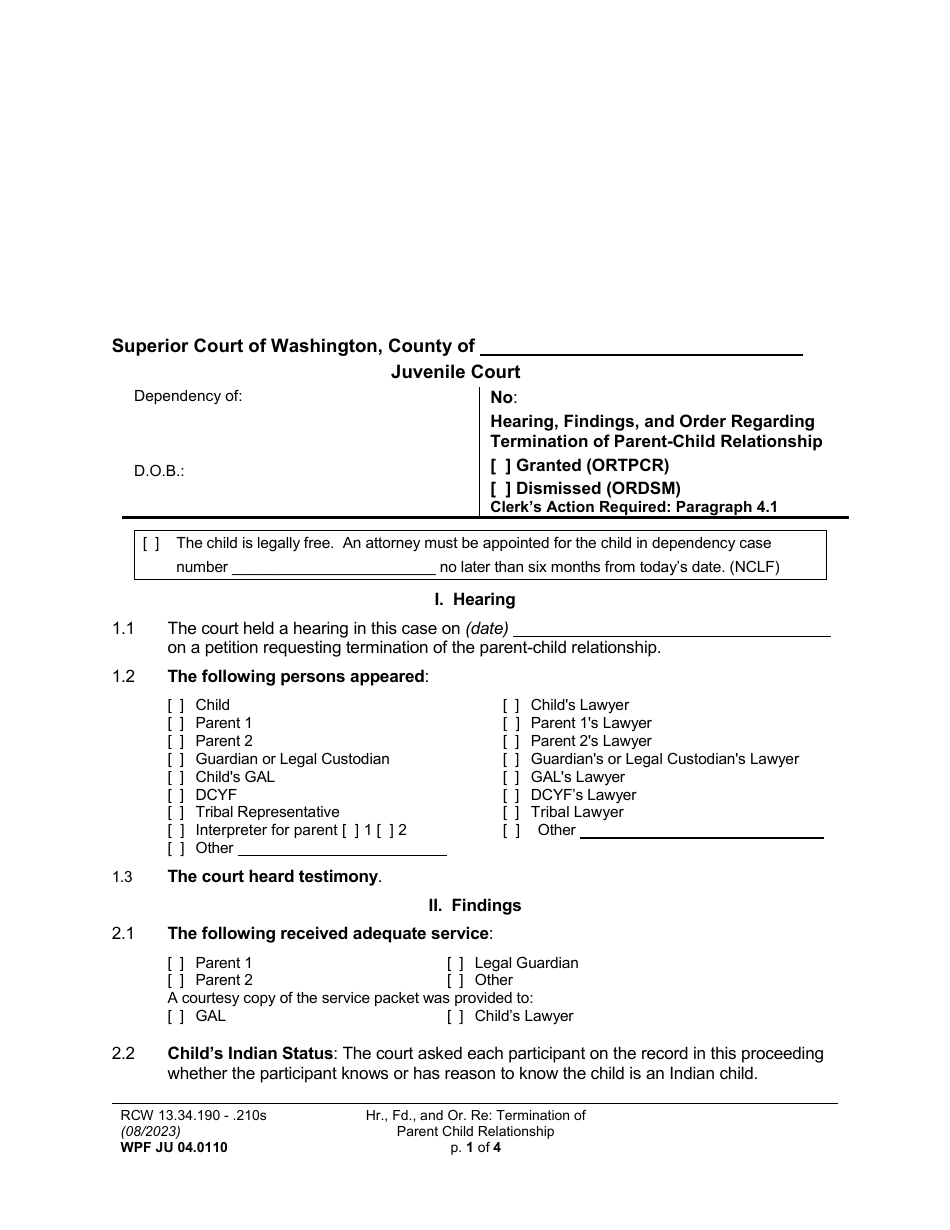 Form WPF JU04.0110 Hearing, Findings, and Order Regarding Termination of Parent-Child Relationship - Washington, Page 1