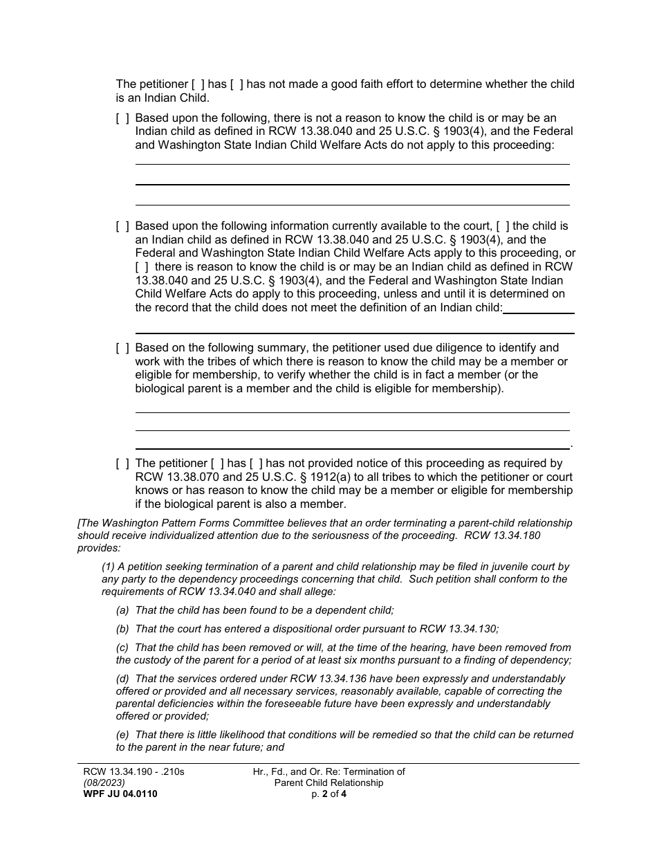 Form WPF JU04.0110 Hearing, Findings, and Order Regarding Termination of Parent-Child Relationship - Washington, Page 2
