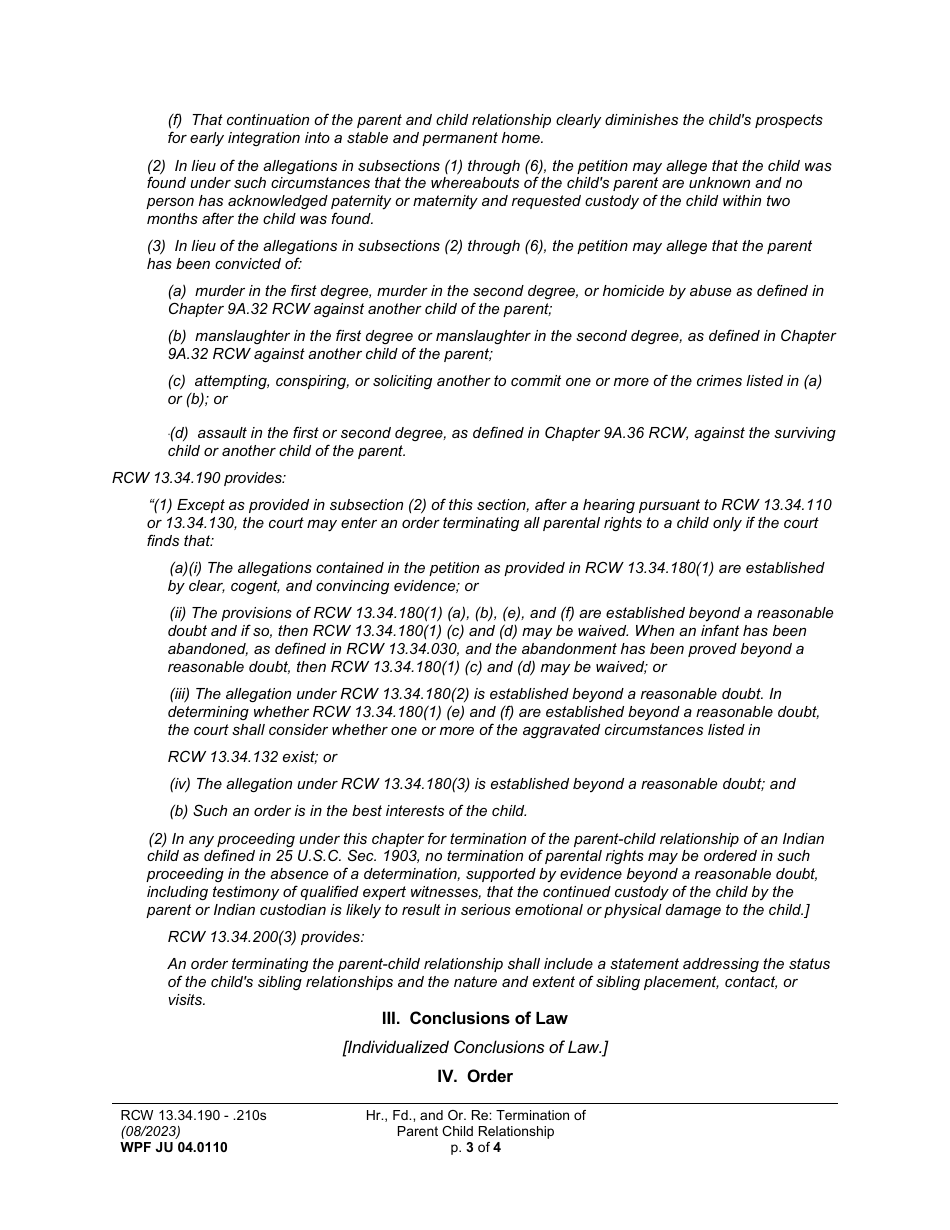 Form WPF JU04.0110 Hearing, Findings, and Order Regarding Termination of Parent-Child Relationship - Washington, Page 3