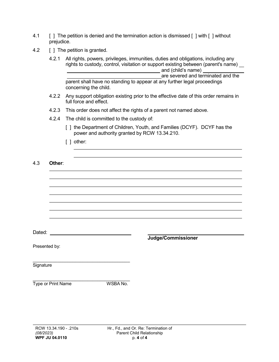 Form WPF JU04.0110 Hearing, Findings, and Order Regarding Termination of Parent-Child Relationship - Washington, Page 4