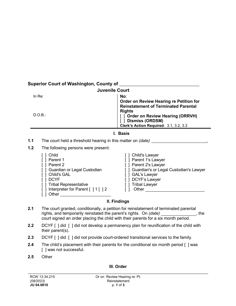 Form JU04.0810 Order on Review Hearing Re Petition for Reinstatement of Terminated Parental Rights - Washington, Page 1