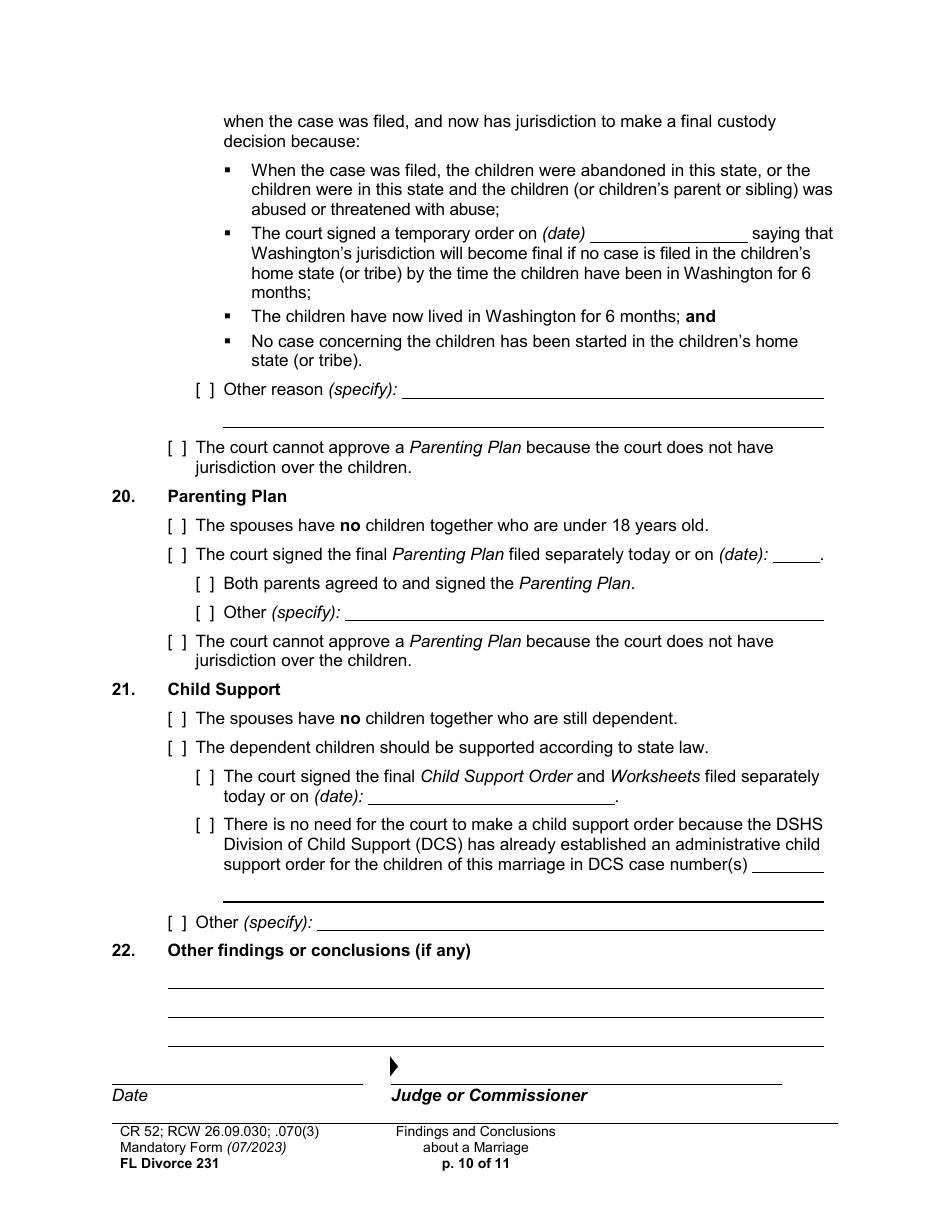 Form FL Divorce231 Findings and Conclusions About a Marriage - Washington, Page 10