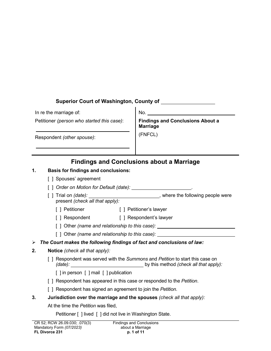 Form FL Divorce231 Findings and Conclusions About a Marriage - Washington, Page 1