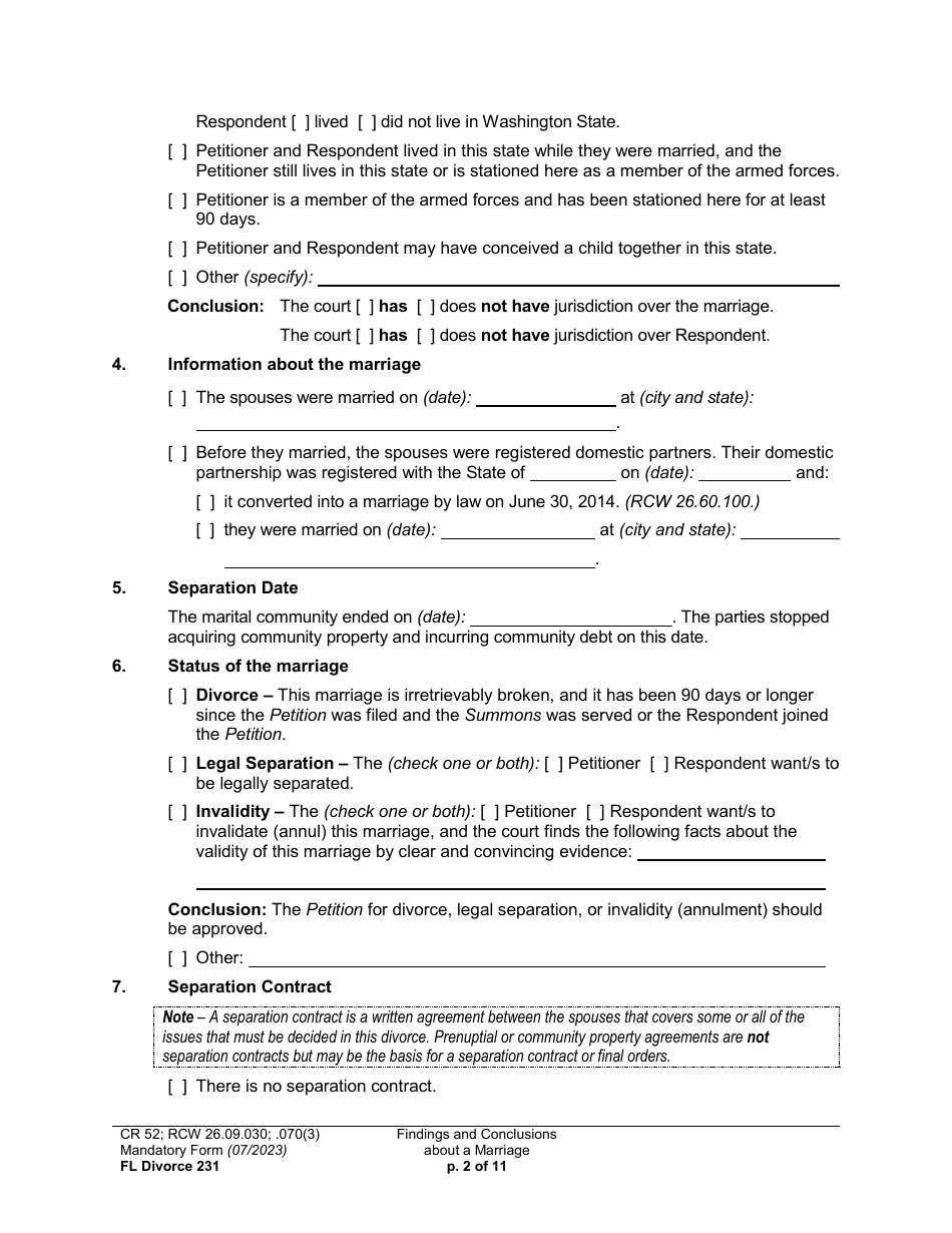 Form FL Divorce231 Findings and Conclusions About a Marriage - Washington, Page 2