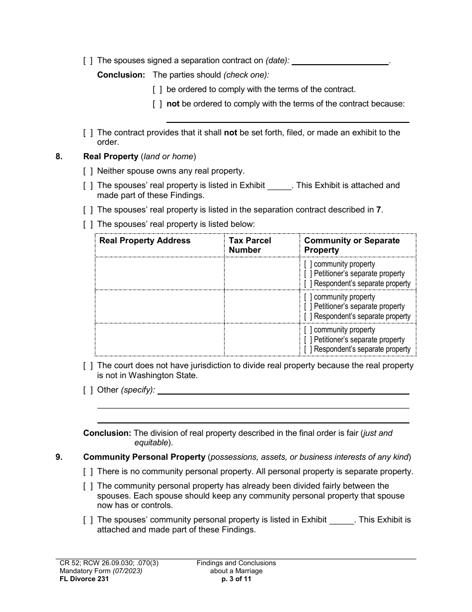 Form FL Divorce231 Findings and Conclusions About a Marriage - Washington, Page 3