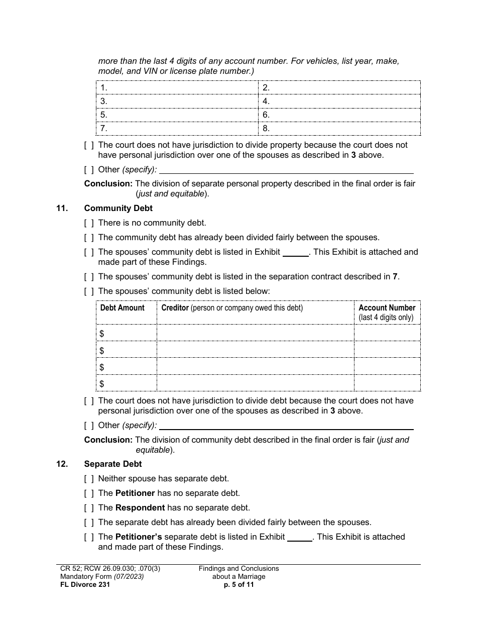 Form FL Divorce231 Findings and Conclusions About a Marriage - Washington, Page 5