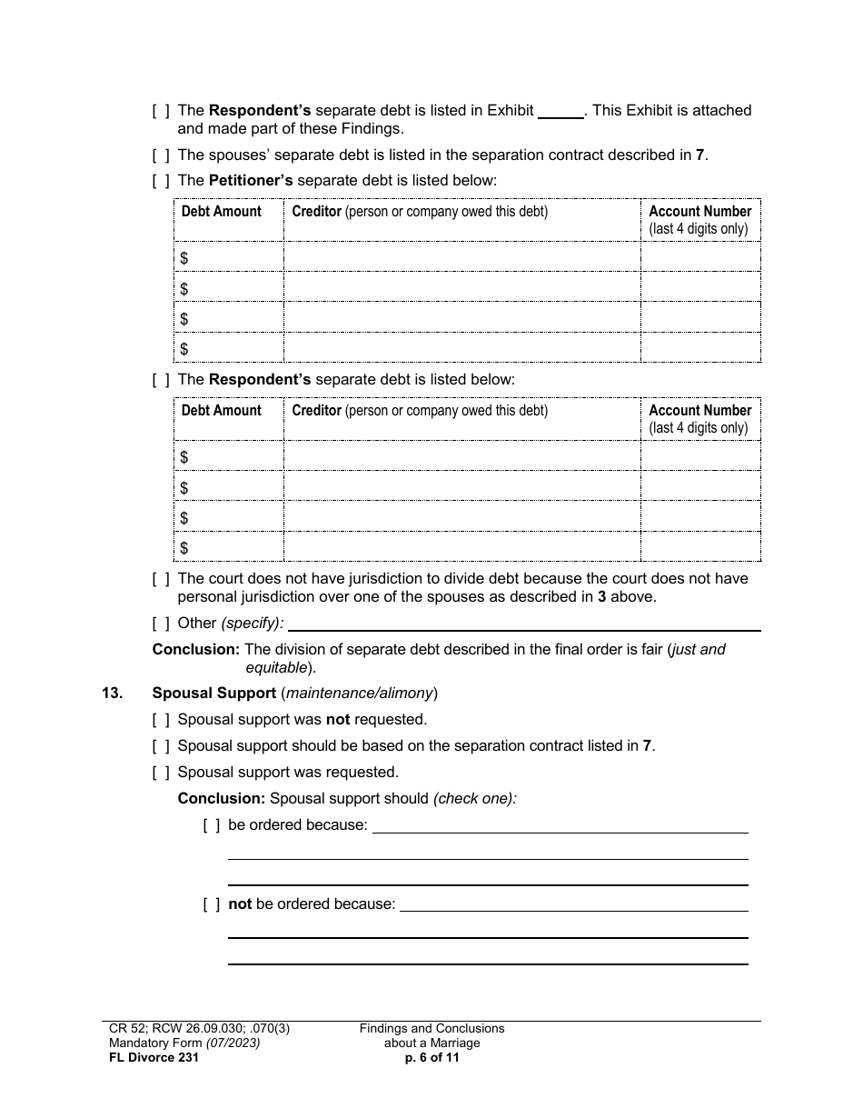 Form FL Divorce231 Findings and Conclusions About a Marriage - Washington, Page 6