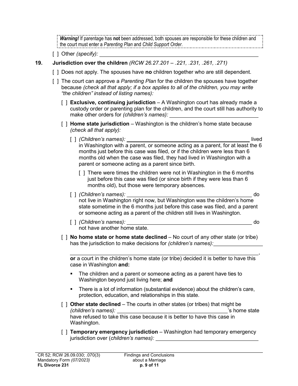 Form FL Divorce231 Findings and Conclusions About a Marriage - Washington, Page 9