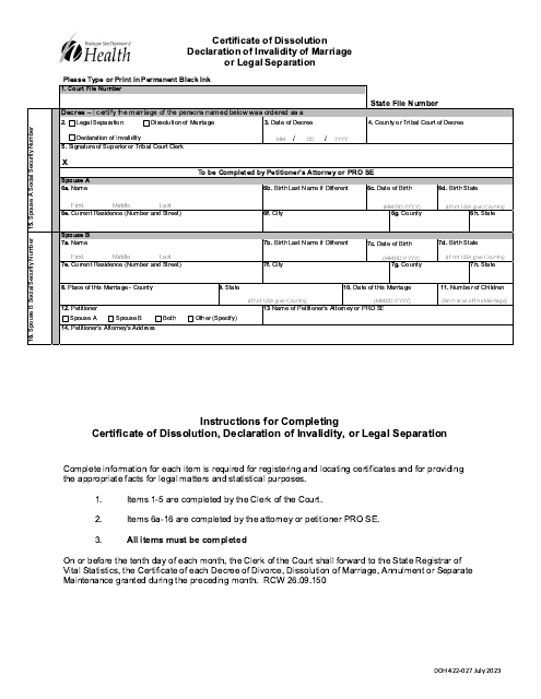 Form DOH422-027 Certificate of Dissolution, Declaration of Invalidity, or Legal Separation - Washington