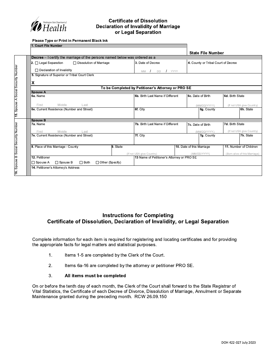 Form DOH422-027 Certificate of Dissolution, Declaration of Invalidity, or Legal Separation - Washington, Page 1