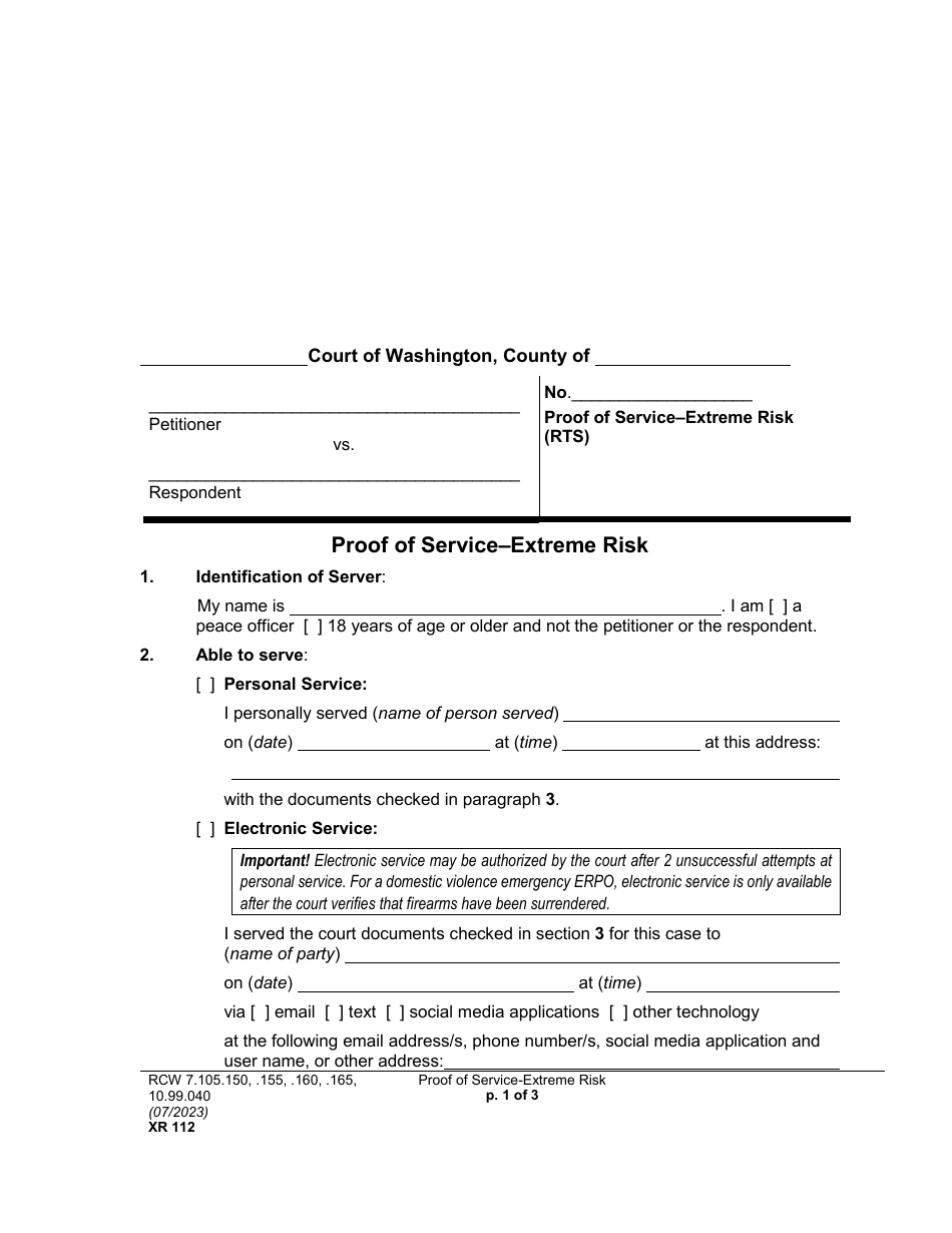 Form XR112 Proof of Service - Extreme Risk - Washington, Page 1