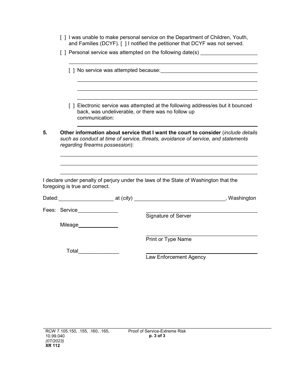 Form XR112 Proof of Service - Extreme Risk - Washington, Page 3