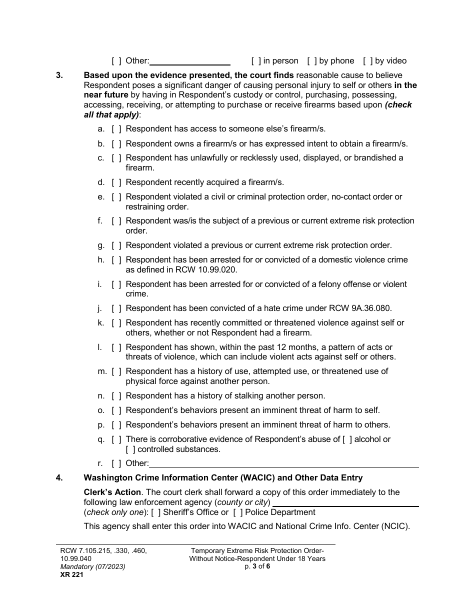 Form XR221 Temporary Extreme Risk Protection Order - Without Notice - Respondent Under 18 Years - Washington, Page 3