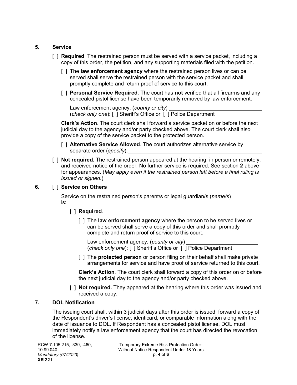 Form XR221 Temporary Extreme Risk Protection Order - Without Notice - Respondent Under 18 Years - Washington, Page 4