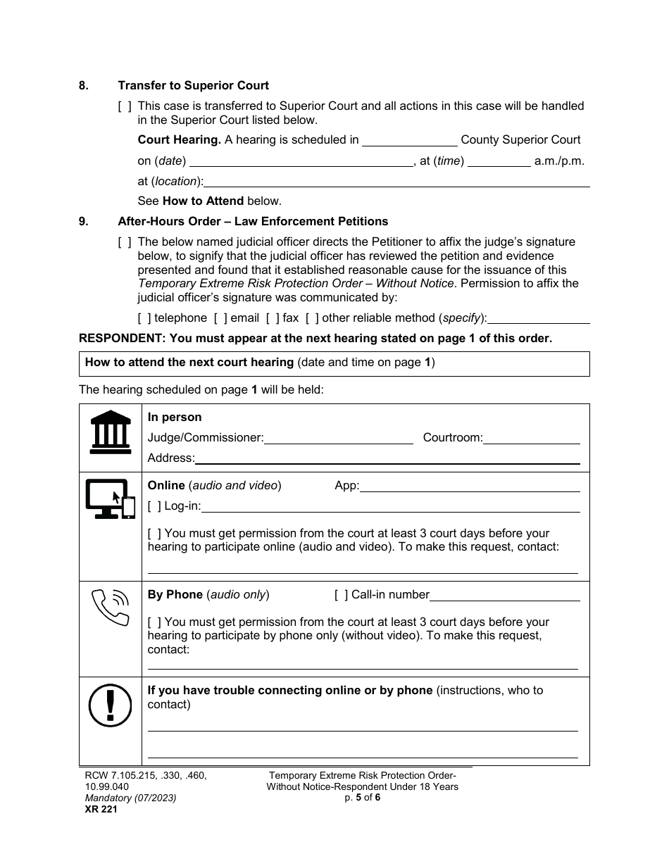 Form XR221 Temporary Extreme Risk Protection Order - Without Notice - Respondent Under 18 Years - Washington, Page 5