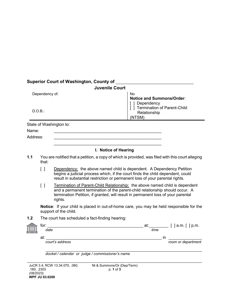 Form WPF JU03.0200 Notice and Summons / Order - Washington, Page 1