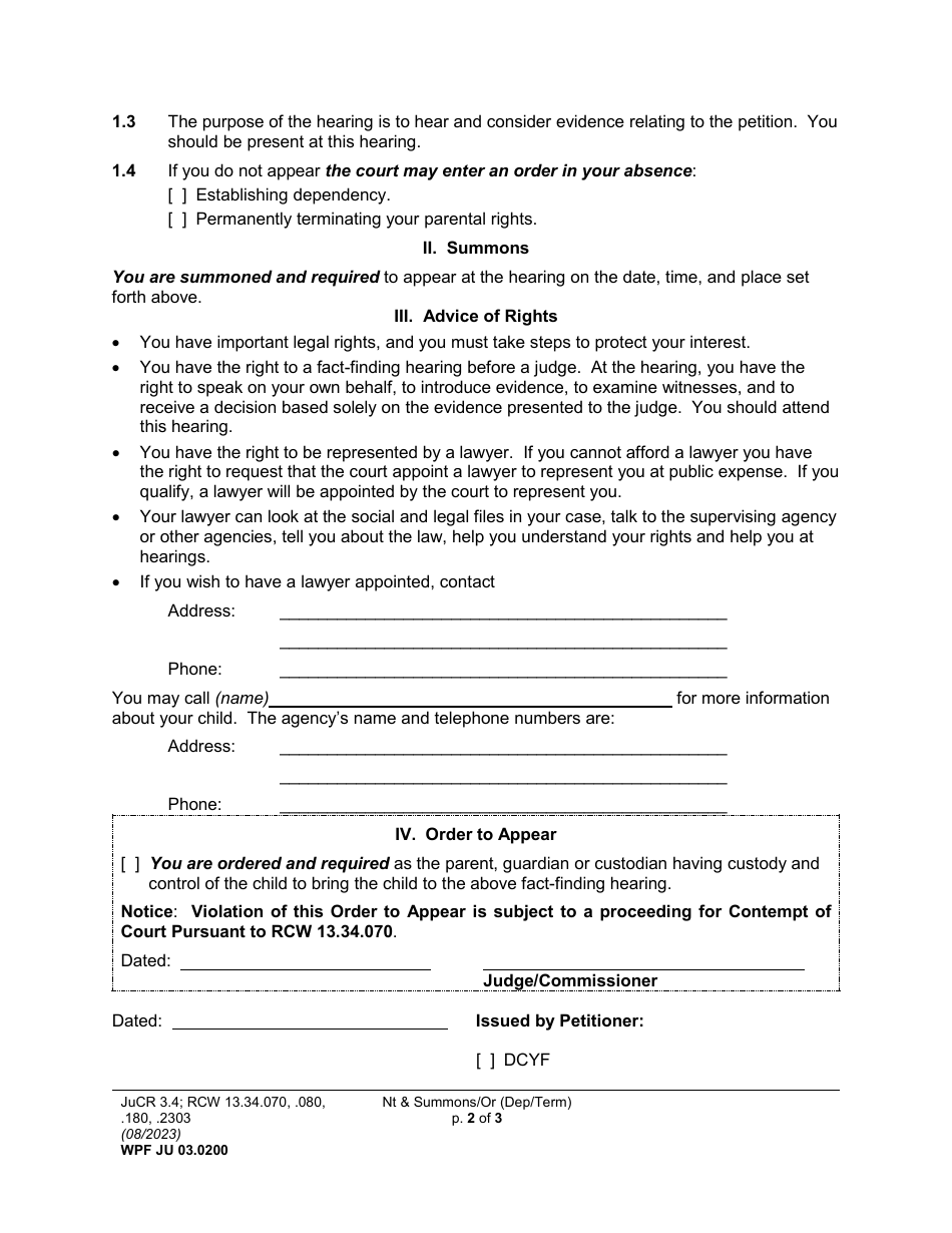 Form WPF JU03.0200 Notice and Summons / Order - Washington, Page 2