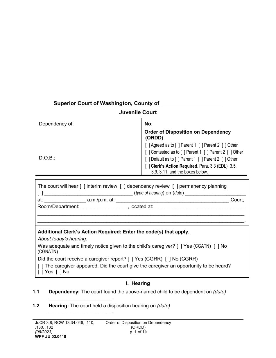 Form WPF JU03.0410 Order of Disposition on Dependency (Ordd) - Washington, Page 1