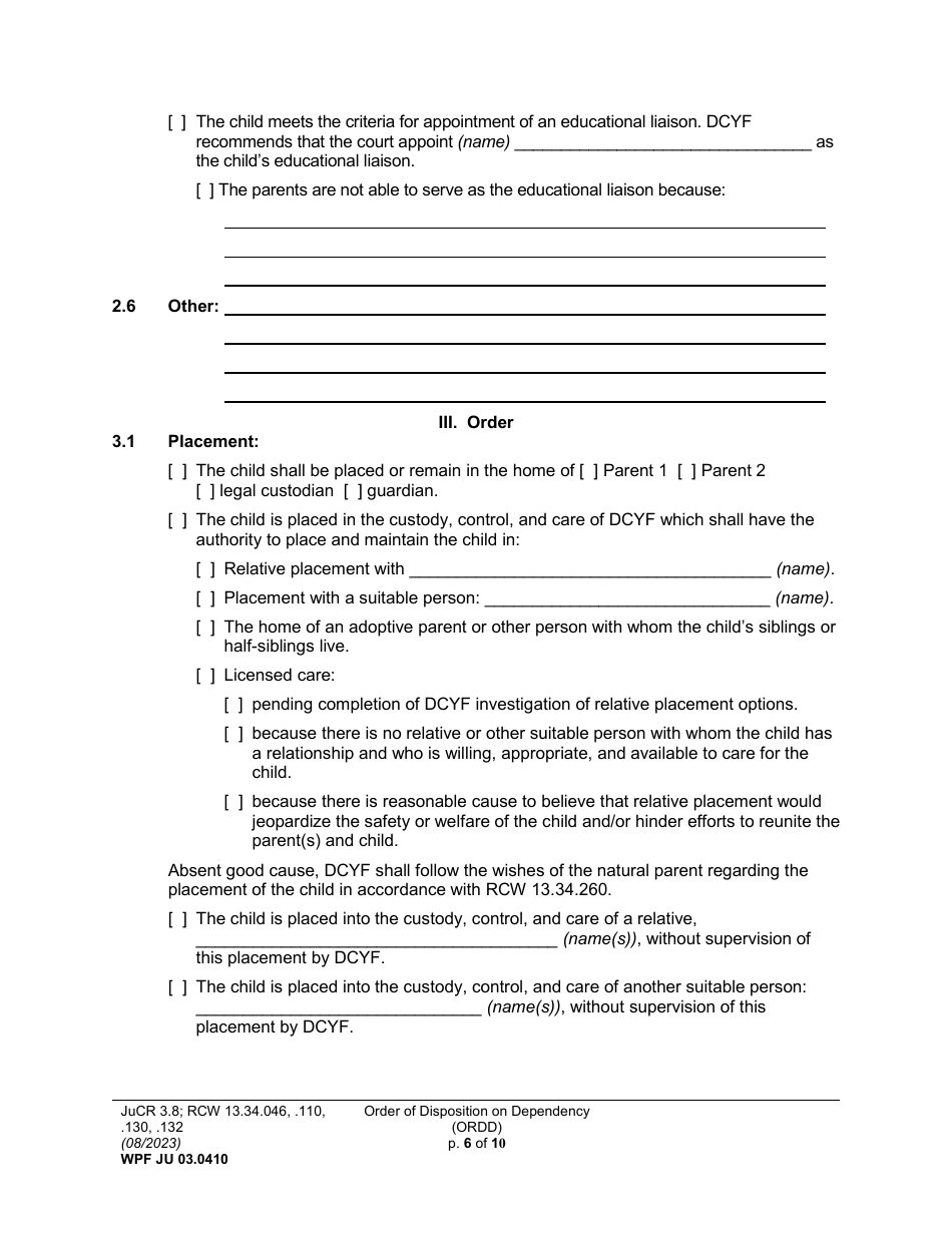 Form WPF JU03.0410 Order of Disposition on Dependency (Ordd) - Washington, Page 6